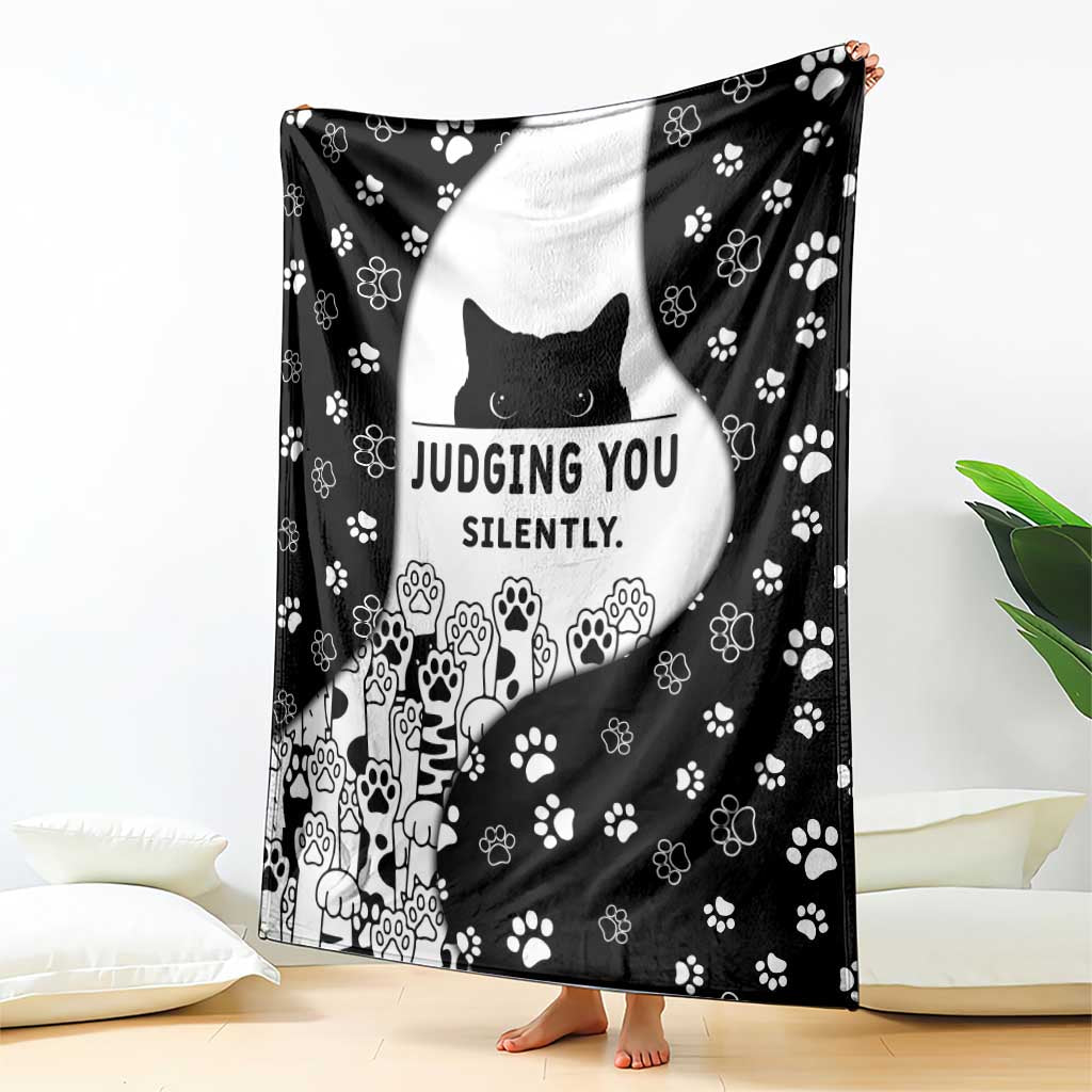 Judging You Silently Blanket Black Cat Playful Monochrome Paw Print