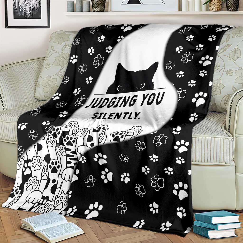 Judging You Silently Blanket Black Cat Playful Monochrome Paw Print