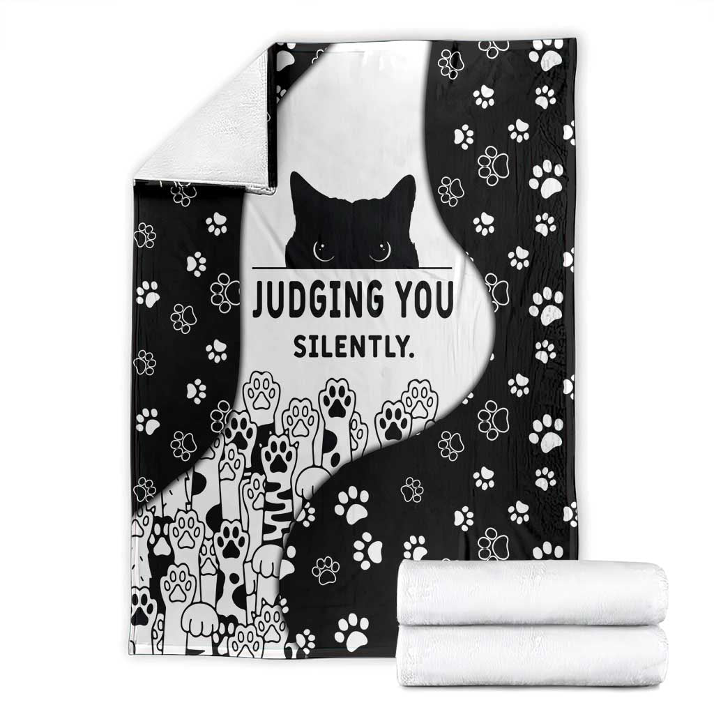 Judging You Silently Blanket Black Cat Playful Monochrome Paw Print