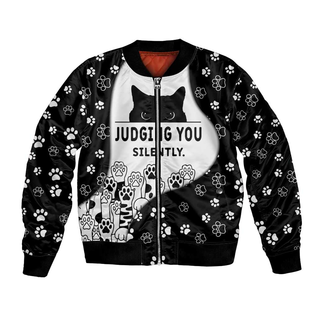 Judging You Silently Bomber Jacket Black Cat Playful Monochrome Paw Print