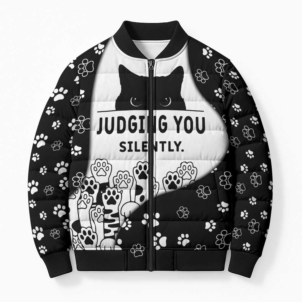 Judging You Silently Bomber Puffer Jacket Black Cat Playful Monochrome Paw Print