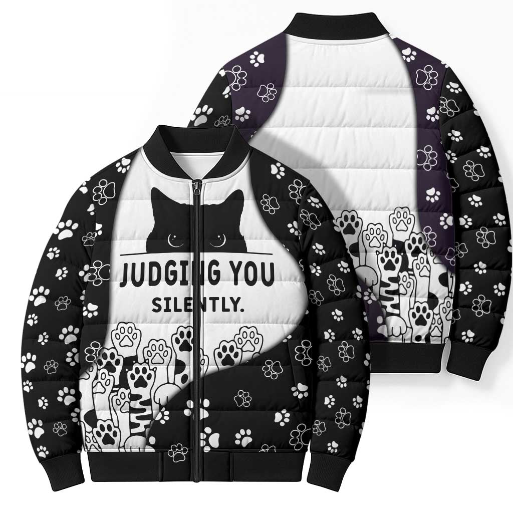 Judging You Silently Bomber Puffer Jacket Black Cat Playful Monochrome Paw Print