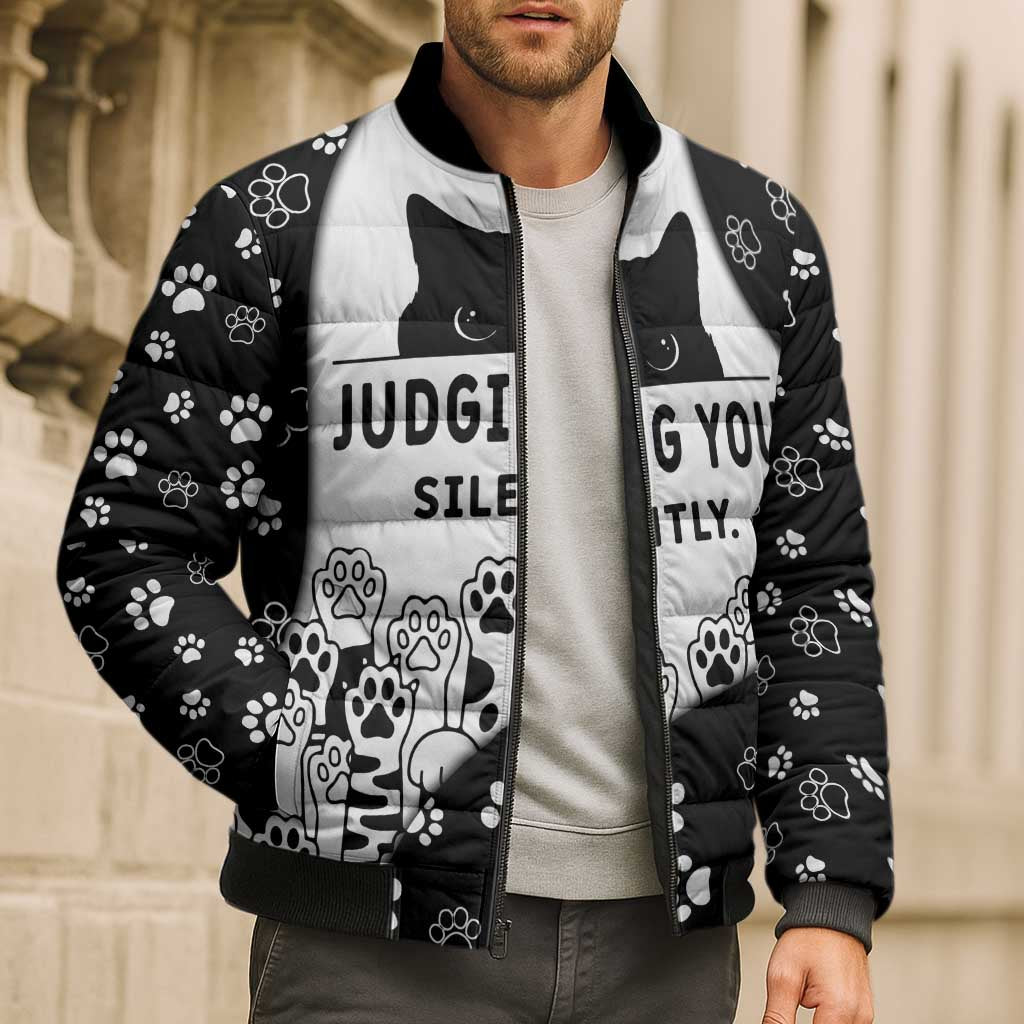 Judging You Silently Bomber Puffer Jacket Black Cat Playful Monochrome Paw Print