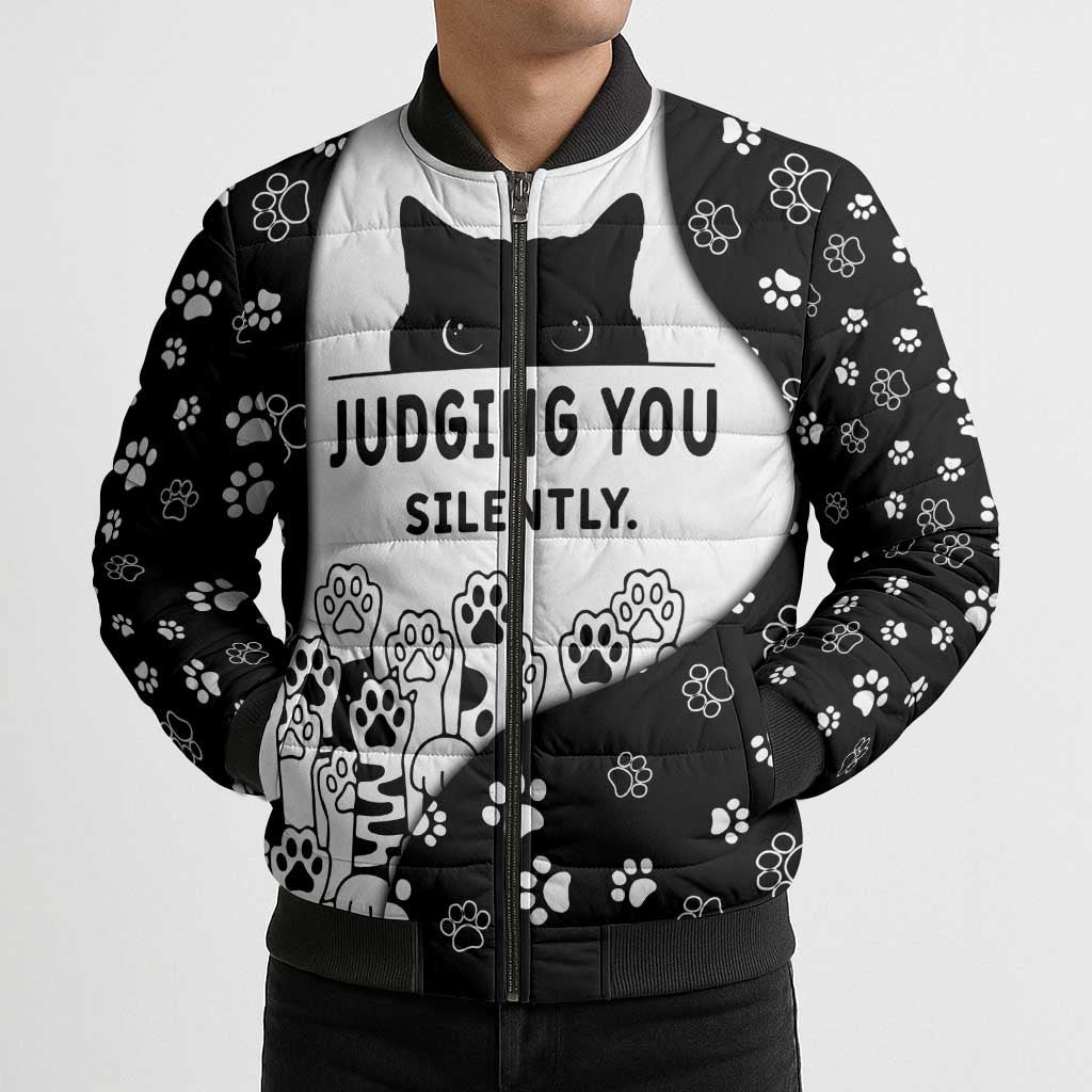 Judging You Silently Bomber Puffer Jacket Black Cat Playful Monochrome Paw Print