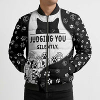 Judging You Silently Bomber Puffer Jacket Black Cat Playful Monochrome Paw Print