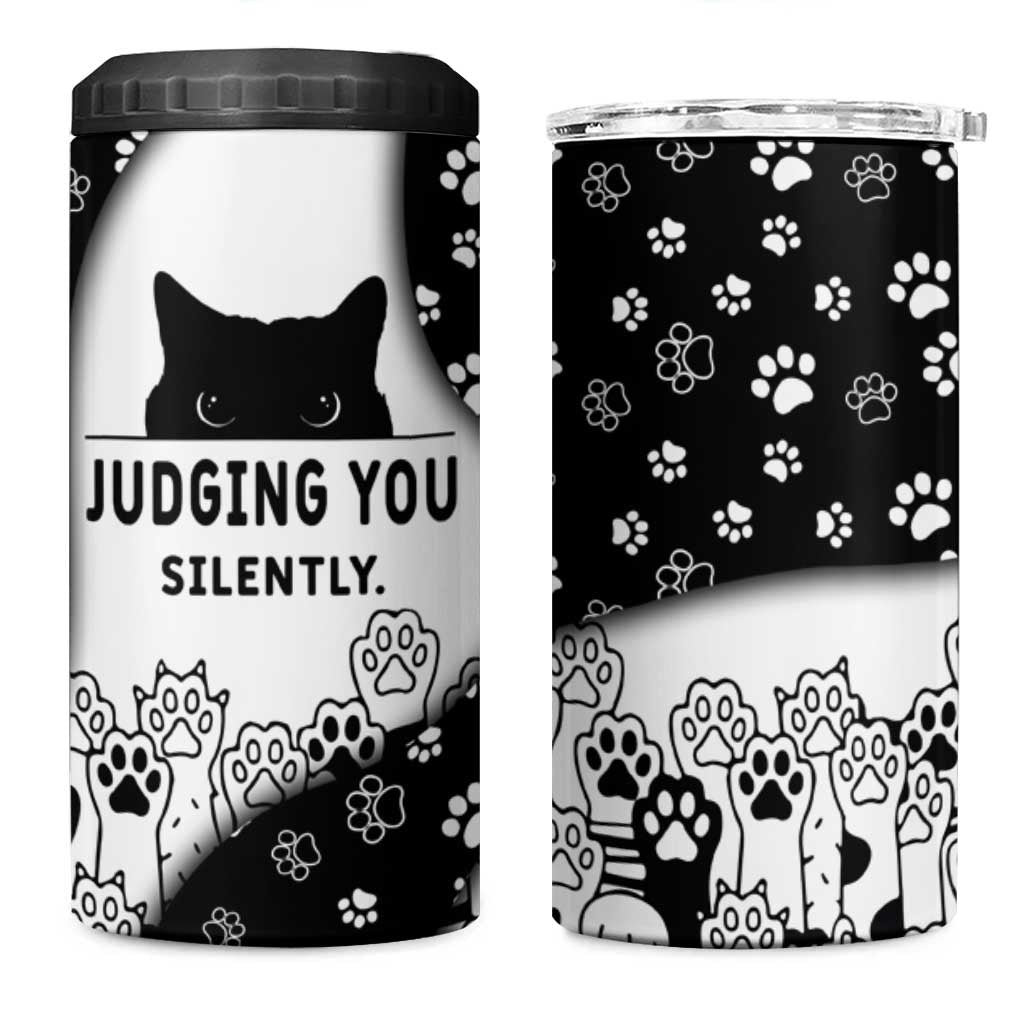 Judging You Silently 4 in 1 Can Cooler Tumbler Black Cat Playful Monochrome Paw Print