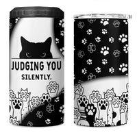 Judging You Silently 4 in 1 Can Cooler Tumbler Black Cat Playful Monochrome Paw Print