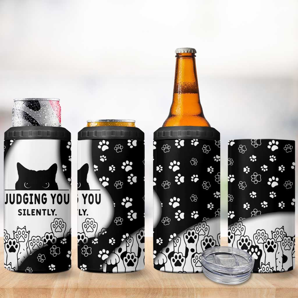 Judging You Silently 4 in 1 Can Cooler Tumbler Black Cat Playful Monochrome Paw Print
