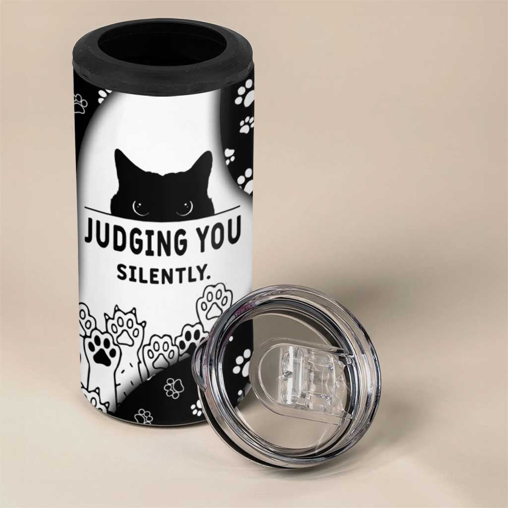 Judging You Silently 4 in 1 Can Cooler Tumbler Black Cat Playful Monochrome Paw Print