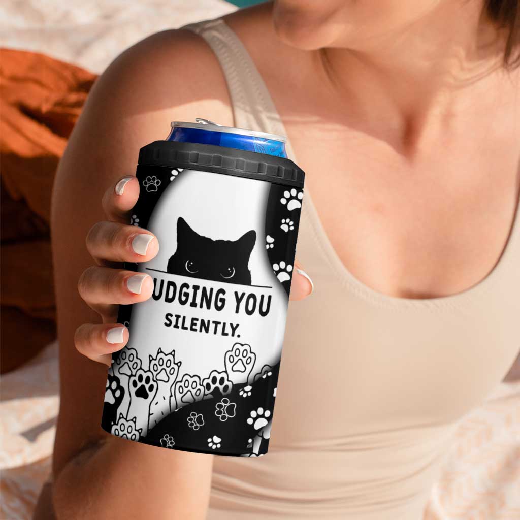 Judging You Silently 4 in 1 Can Cooler Tumbler Black Cat Playful Monochrome Paw Print