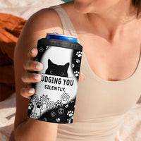 Judging You Silently 4 in 1 Can Cooler Tumbler Black Cat Playful Monochrome Paw Print