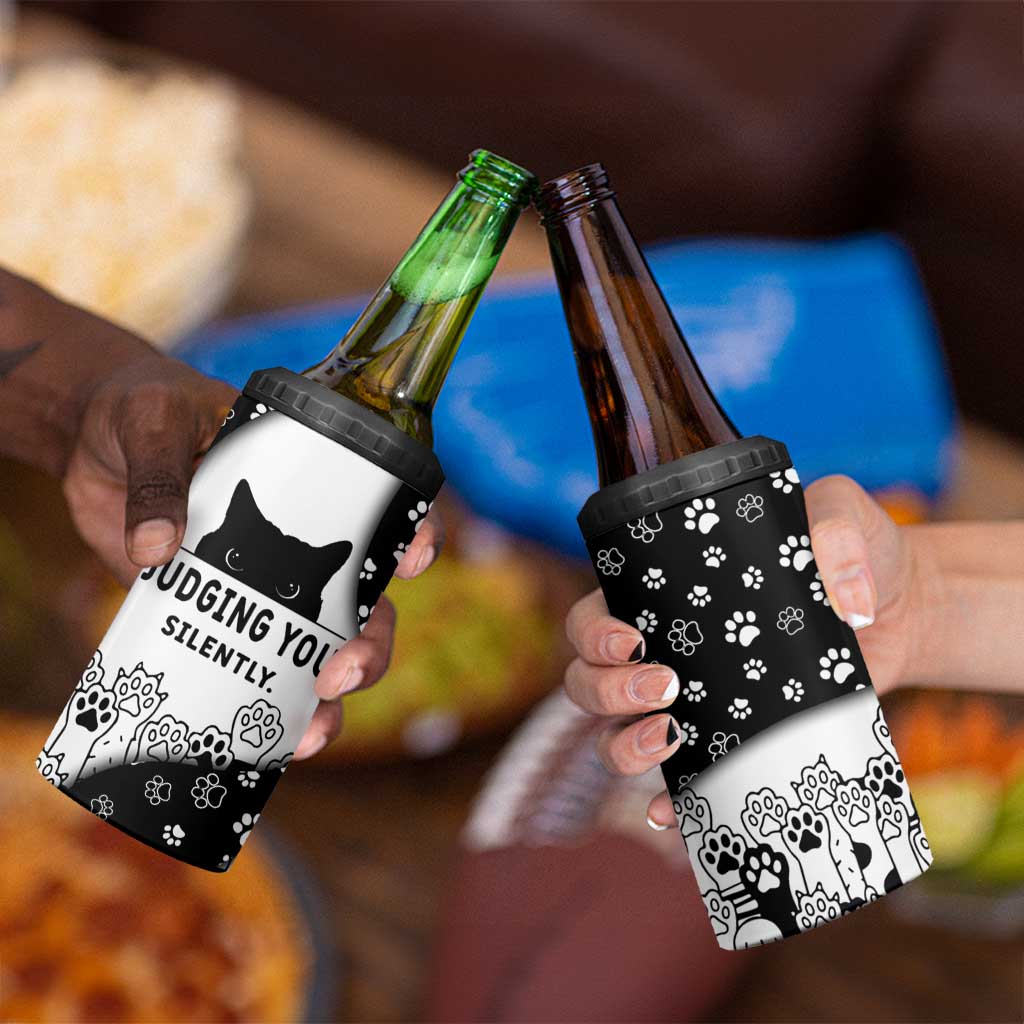 Judging You Silently 4 in 1 Can Cooler Tumbler Black Cat Playful Monochrome Paw Print