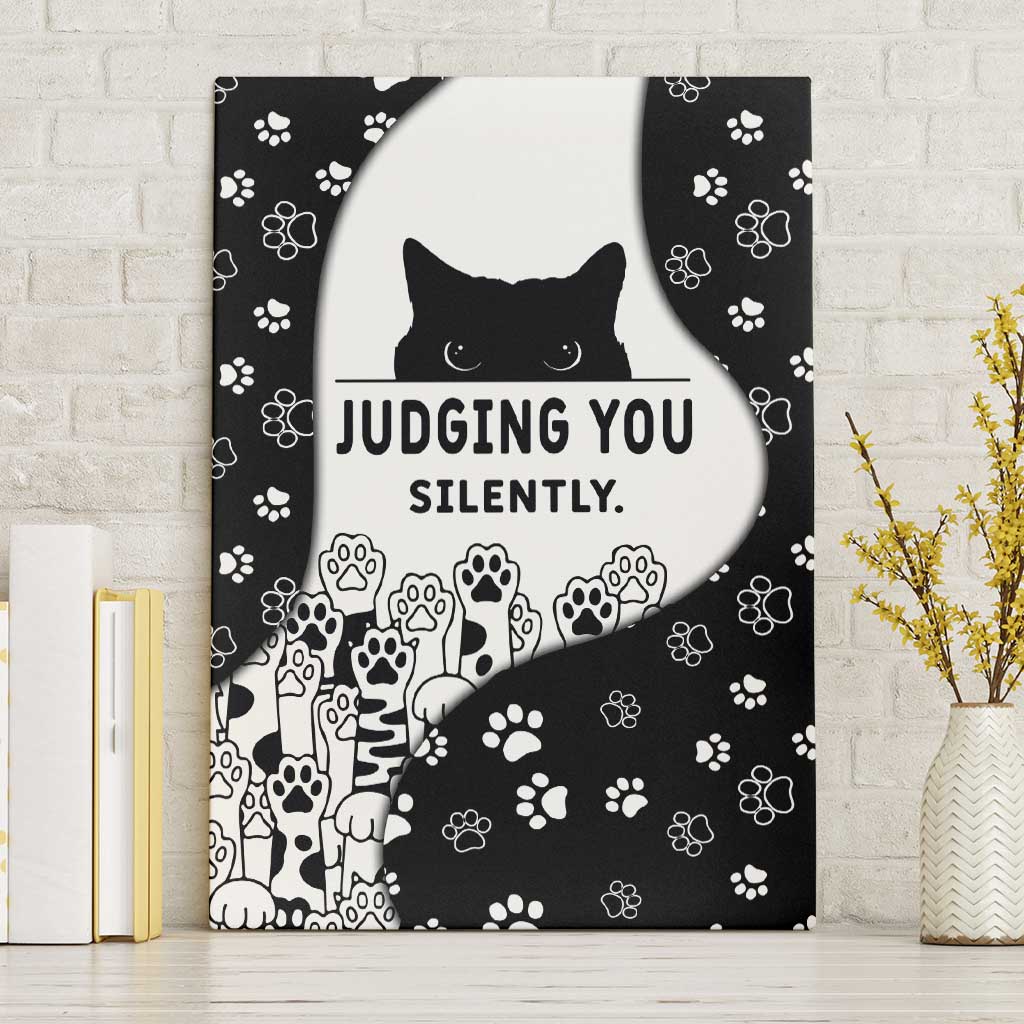 Judging You Silently Canvas Wall Art Black Cat Playful Monochrome Paw Print