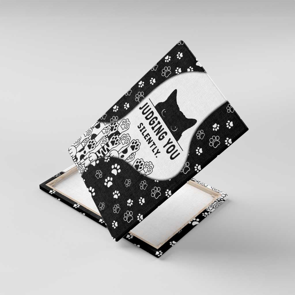 Judging You Silently Canvas Wall Art Black Cat Playful Monochrome Paw Print
