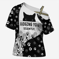 Judging You Silently Cross Shoulder Shirt Black Cat Playful Monochrome Paw Print