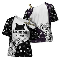Judging You Silently Cross Shoulder Shirt Black Cat Playful Monochrome Paw Print