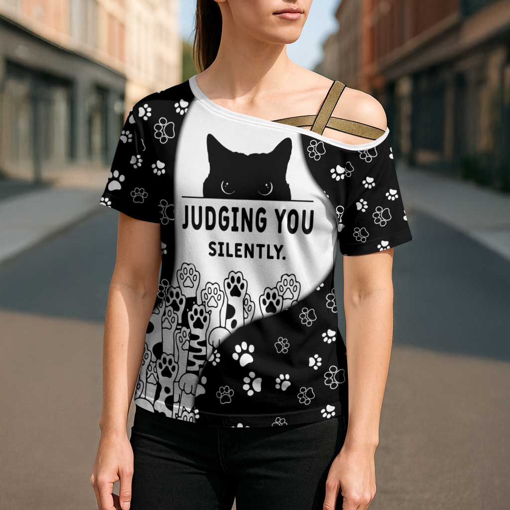 Judging You Silently Cross Shoulder Shirt Black Cat Playful Monochrome Paw Print