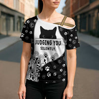 Judging You Silently Cross Shoulder Shirt Black Cat Playful Monochrome Paw Print