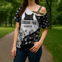 Judging You Silently Cross Shoulder Shirt Black Cat Playful Monochrome Paw Print