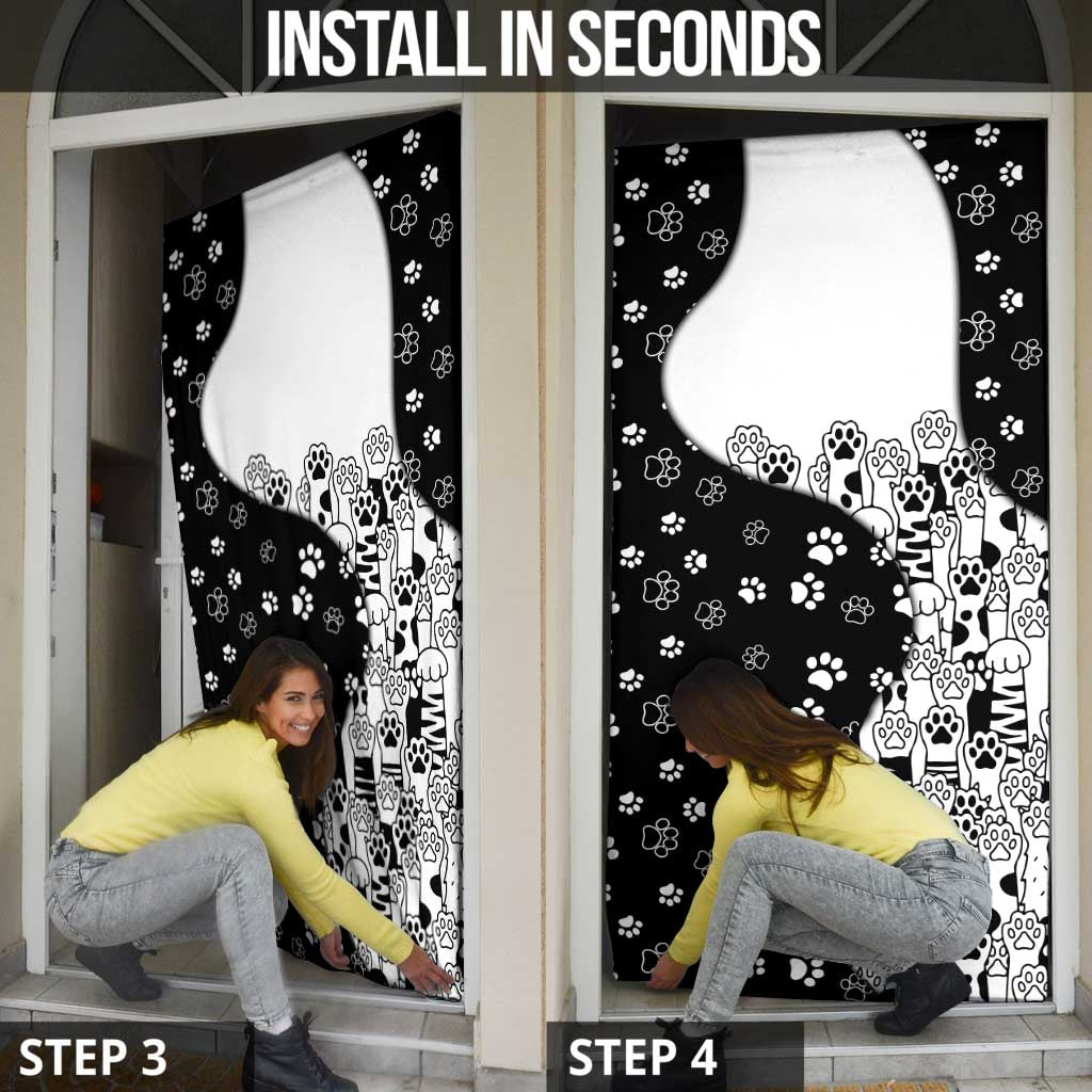 Judging You Silently Door Cover Black Cat Playful Monochrome Paw Print