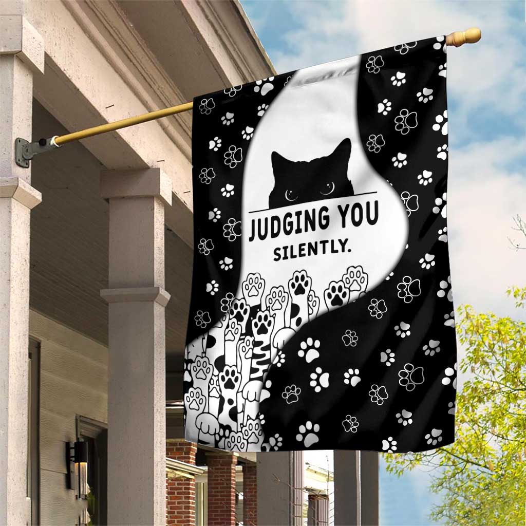 Judging You Silently Garden Flag Black Cat Playful Monochrome Paw Print