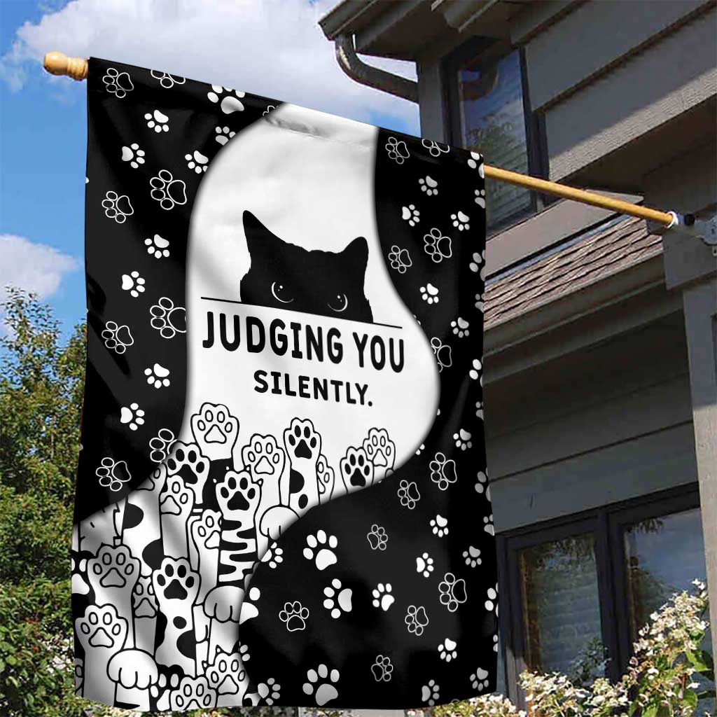 Judging You Silently Garden Flag Black Cat Playful Monochrome Paw Print