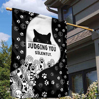 Judging You Silently Garden Flag Black Cat Playful Monochrome Paw Print