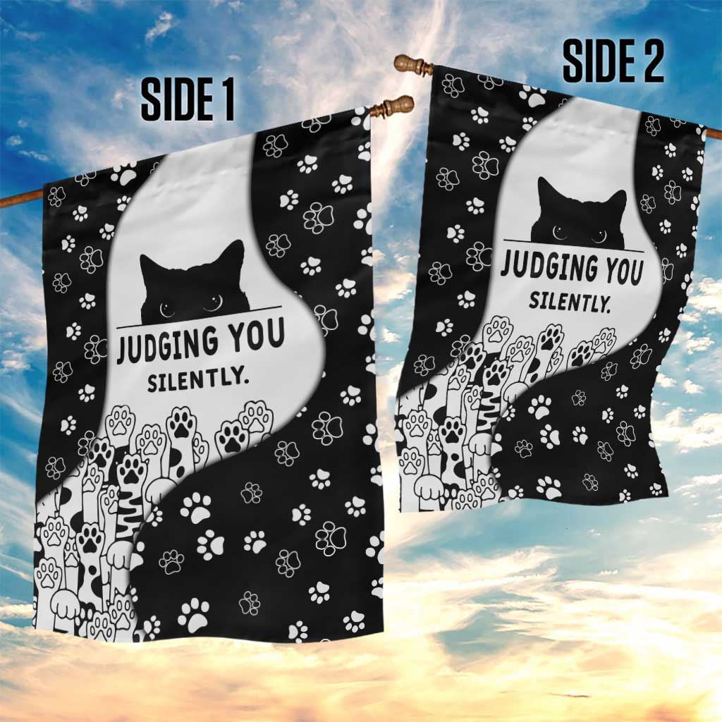Judging You Silently Garden Flag Black Cat Playful Monochrome Paw Print