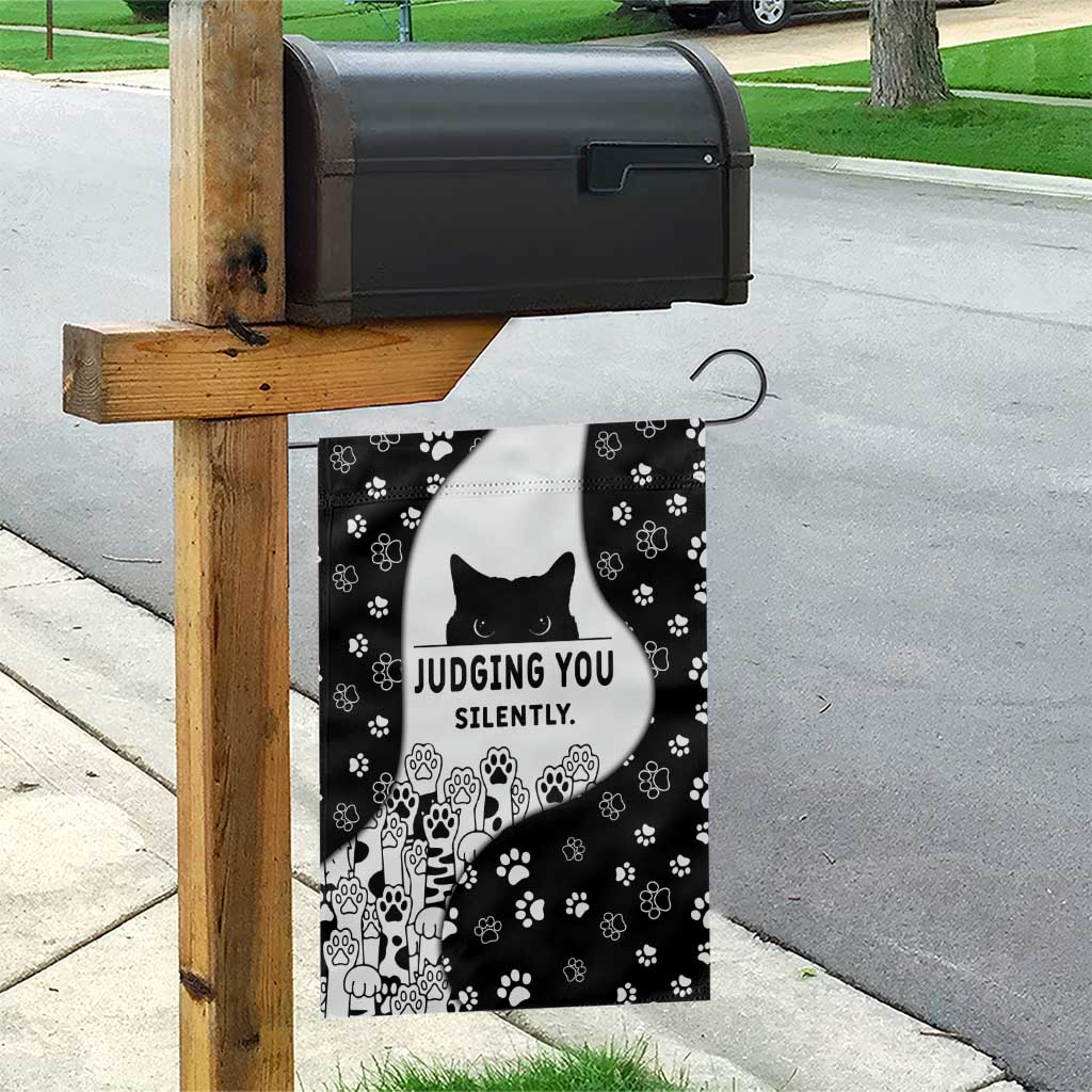Judging You Silently Garden Flag Black Cat Playful Monochrome Paw Print