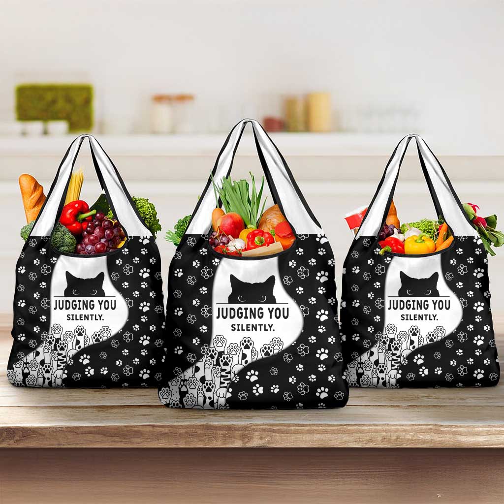 Judging You Silently Grocery Bag Black Cat Playful Monochrome Paw Print