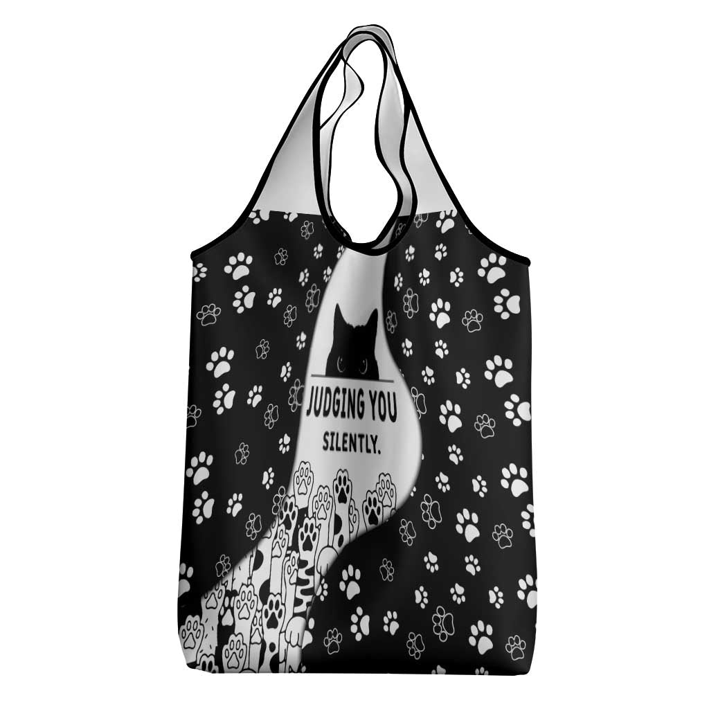 Judging You Silently Grocery Bag Black Cat Playful Monochrome Paw Print