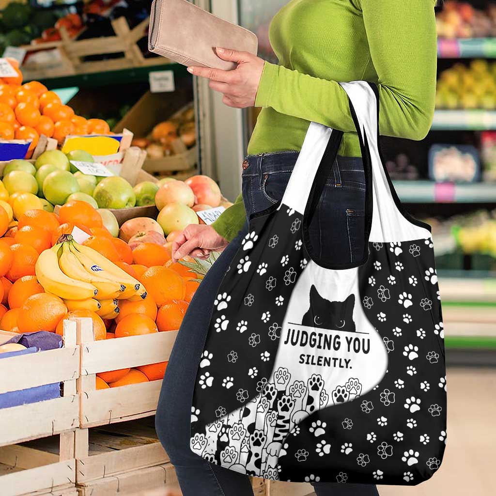 Judging You Silently Grocery Bag Black Cat Playful Monochrome Paw Print