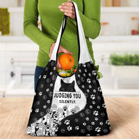 Judging You Silently Grocery Bag Black Cat Playful Monochrome Paw Print