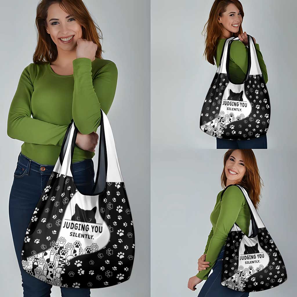Judging You Silently Grocery Bag Black Cat Playful Monochrome Paw Print