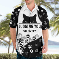 Judging You Silently Hawaiian Shirt Black Cat Playful Monochrome Paw Print