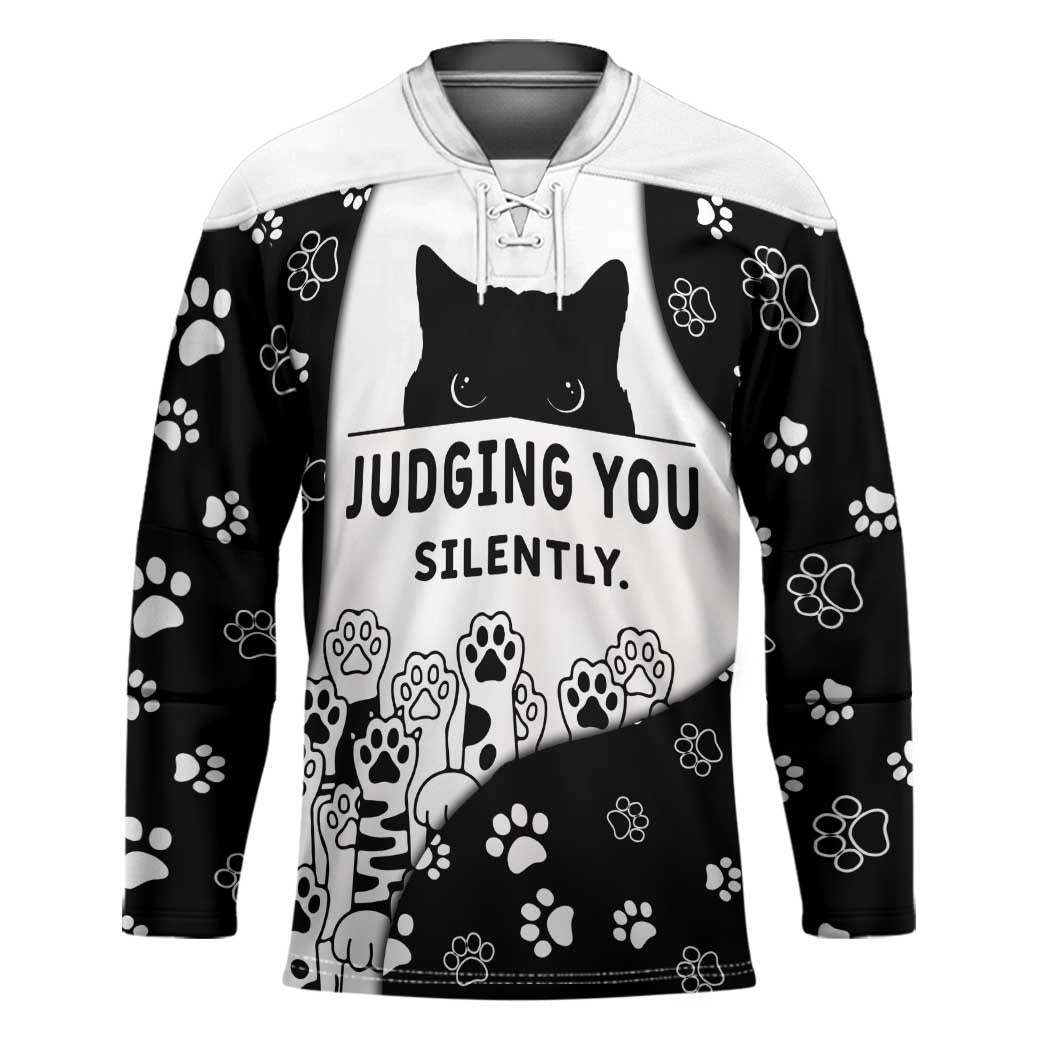 Judging You Silently Hockey Jersey Black Cat Playful Monochrome Paw Print