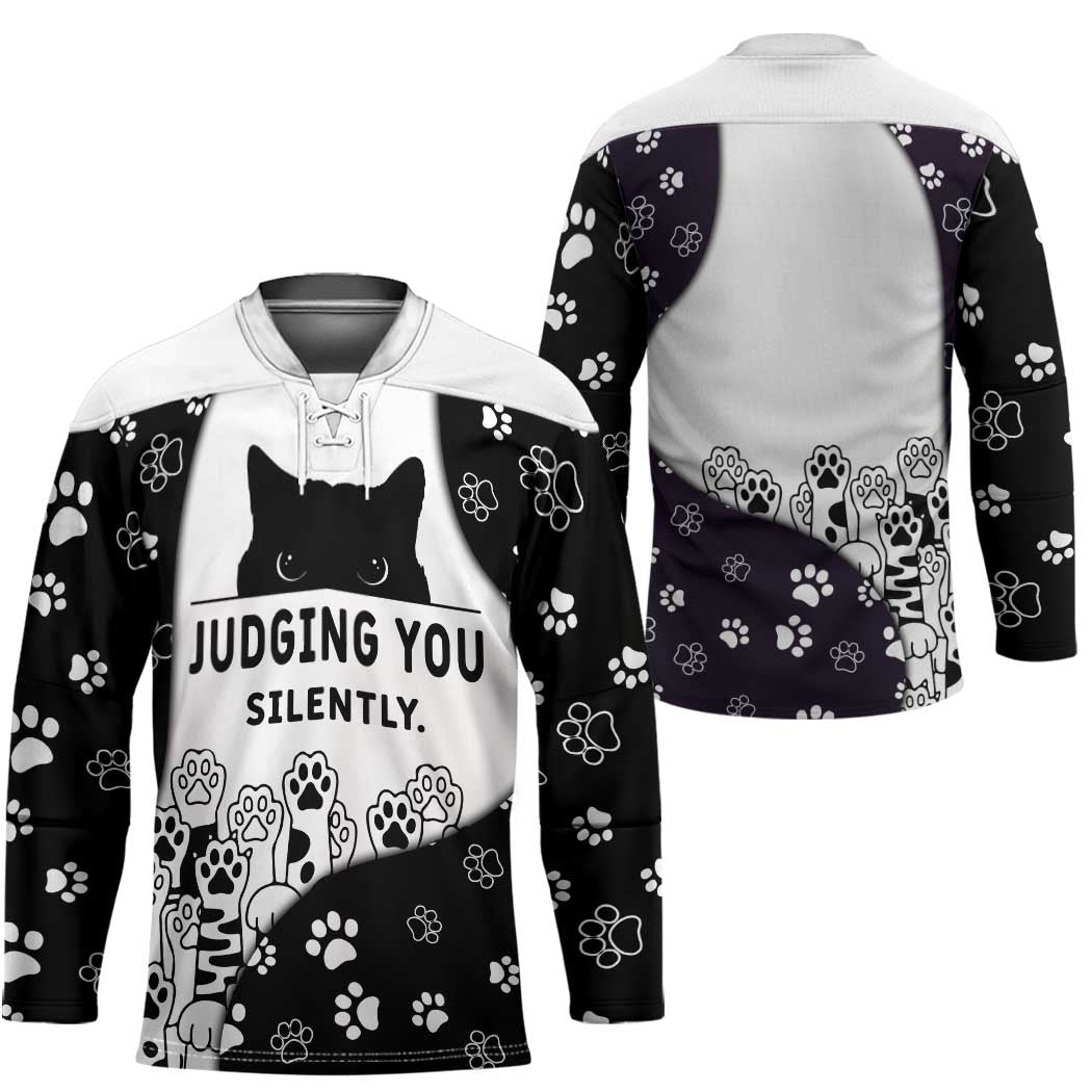 Judging You Silently Hockey Jersey Black Cat Playful Monochrome Paw Print
