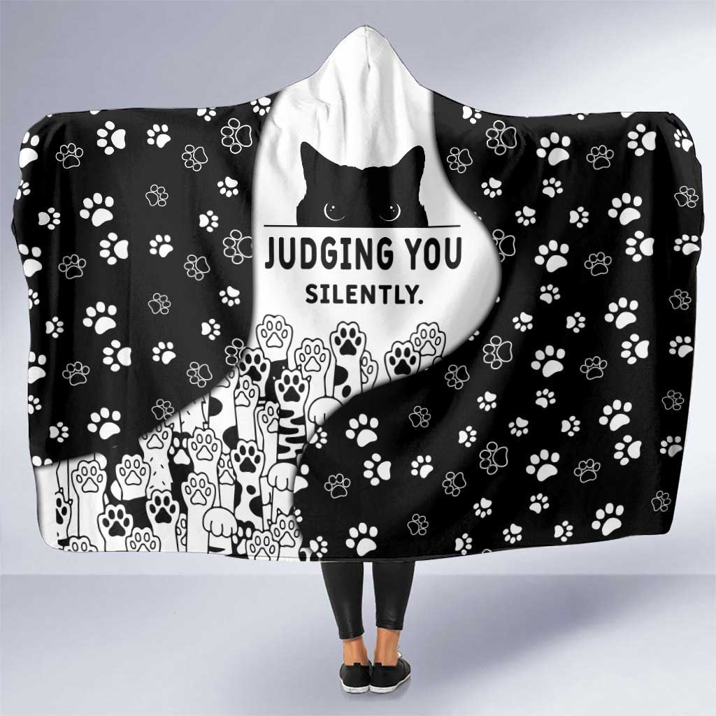 Judging You Silently Hooded Blanket Black Cat Playful Monochrome Paw Print
