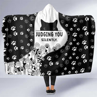 Judging You Silently Hooded Blanket Black Cat Playful Monochrome Paw Print