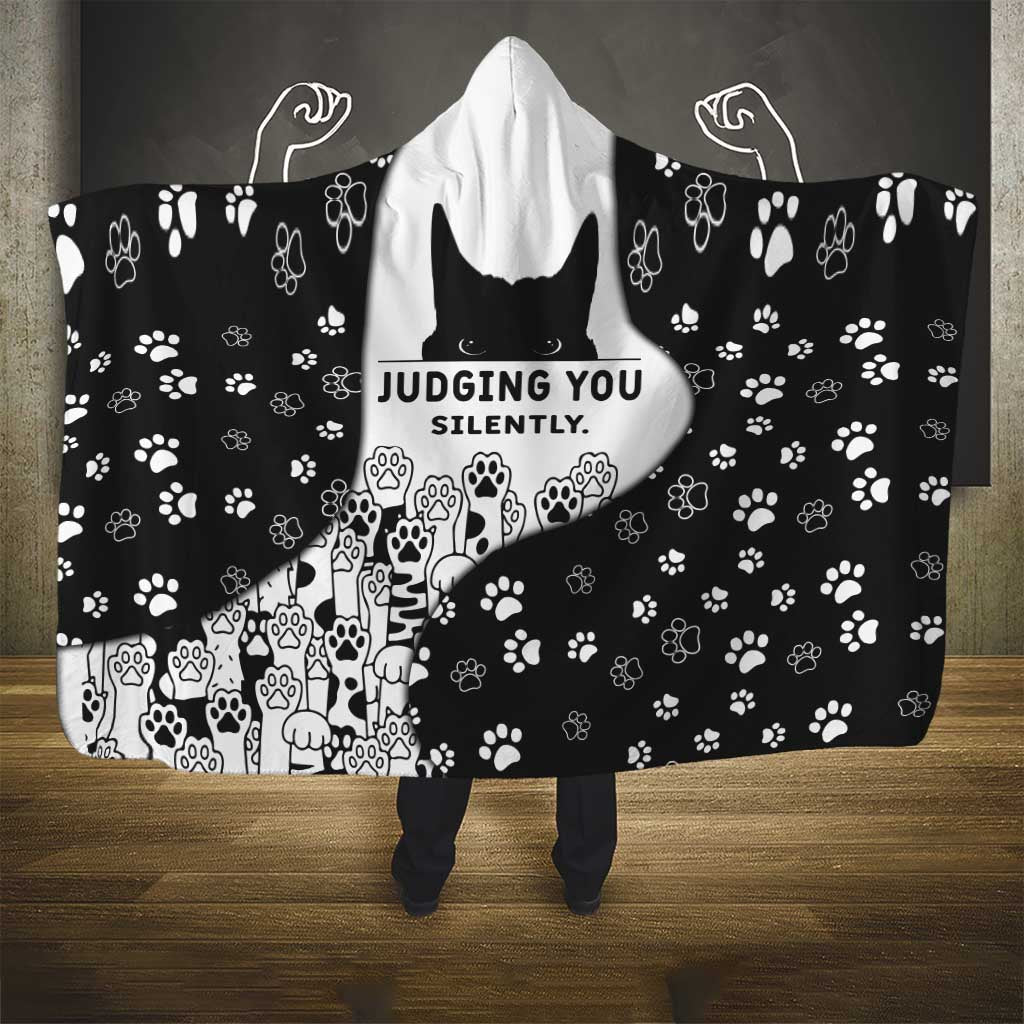 Judging You Silently Hooded Blanket Black Cat Playful Monochrome Paw Print