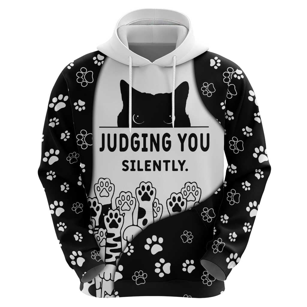 Judging You Silently Hoodie Black Cat Playful Monochrome Paw Print