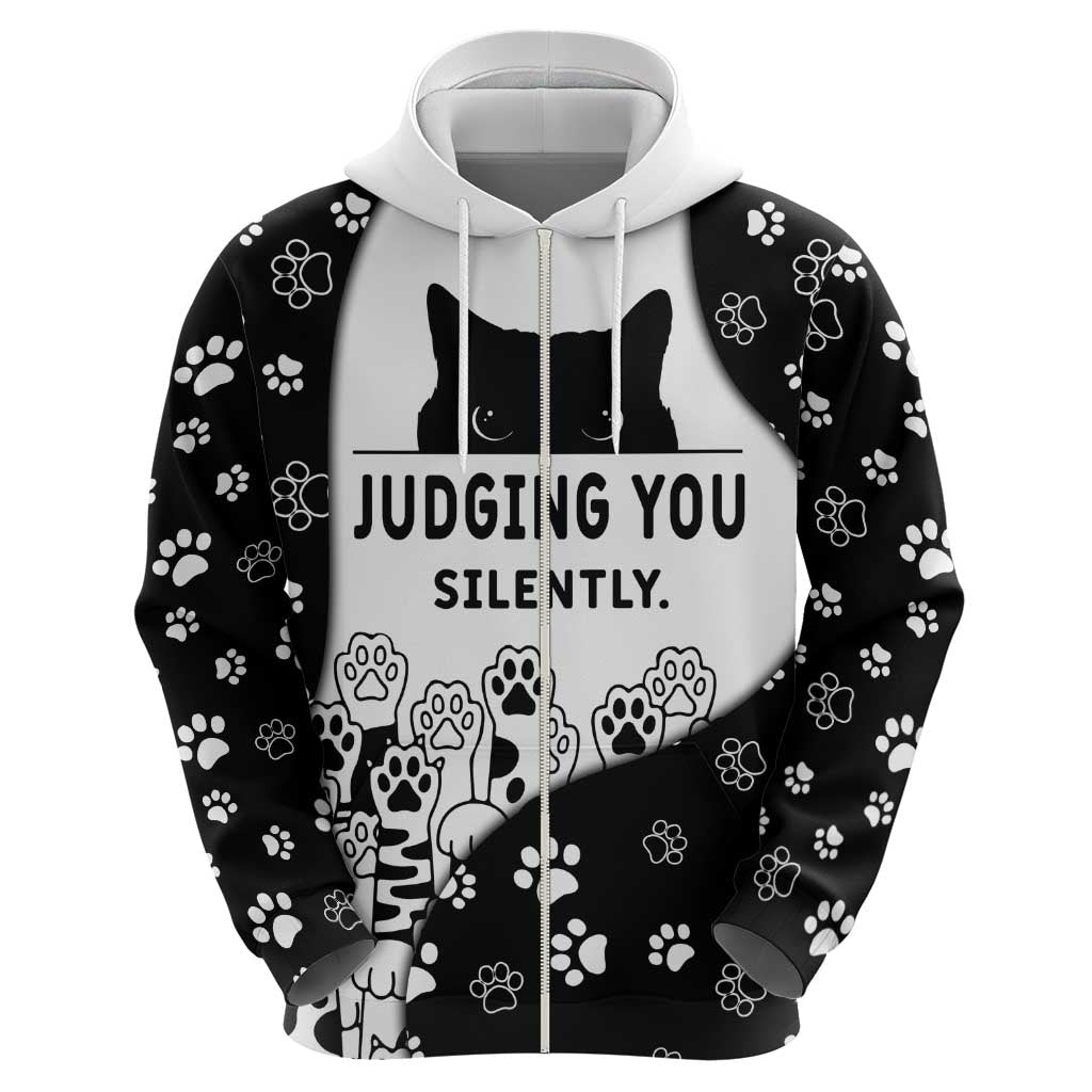 Judging You Silently Hoodie Black Cat Playful Monochrome Paw Print