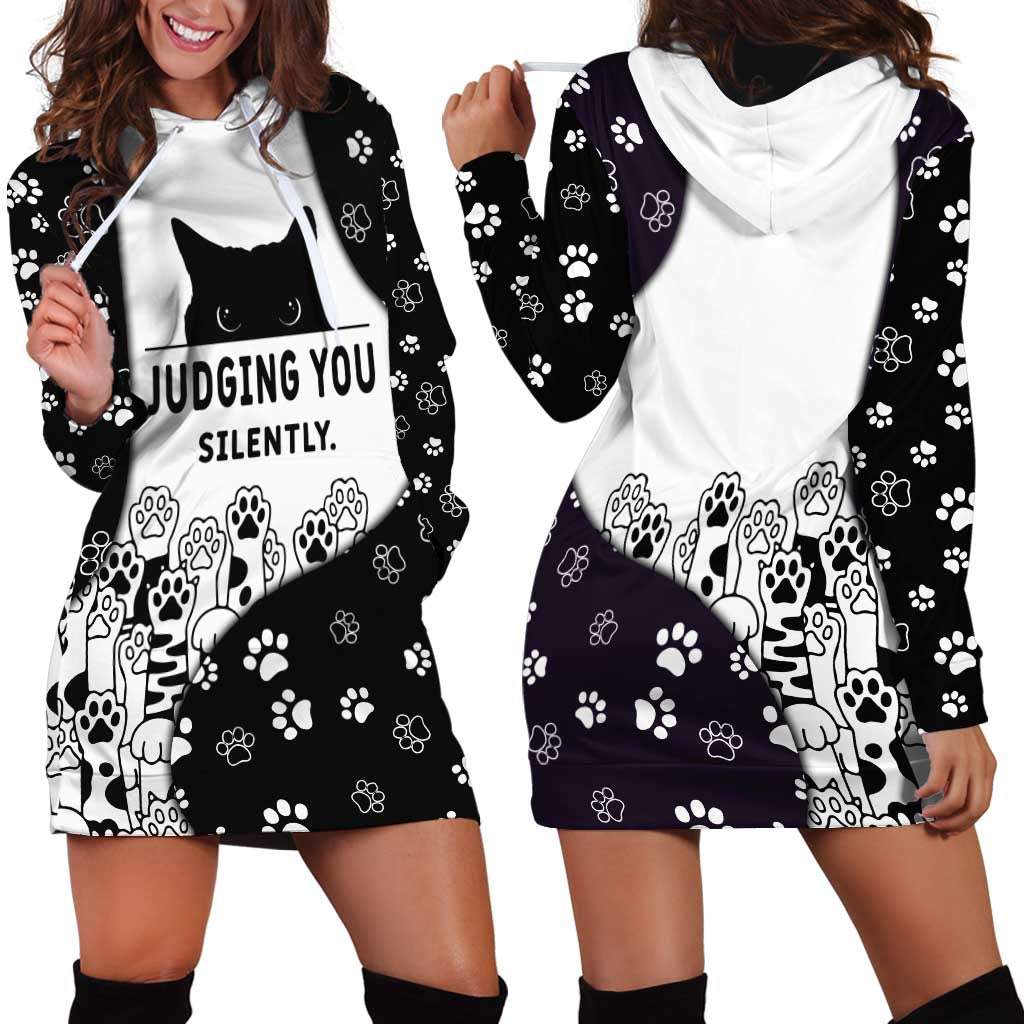 Judging You Silently Hoodie Dress Black Cat Playful Monochrome Paw Print