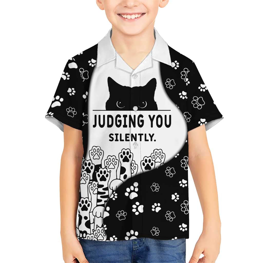 Judging You Silently Kid Hawaiian Shirt Black Cat Playful Monochrome Paw Print