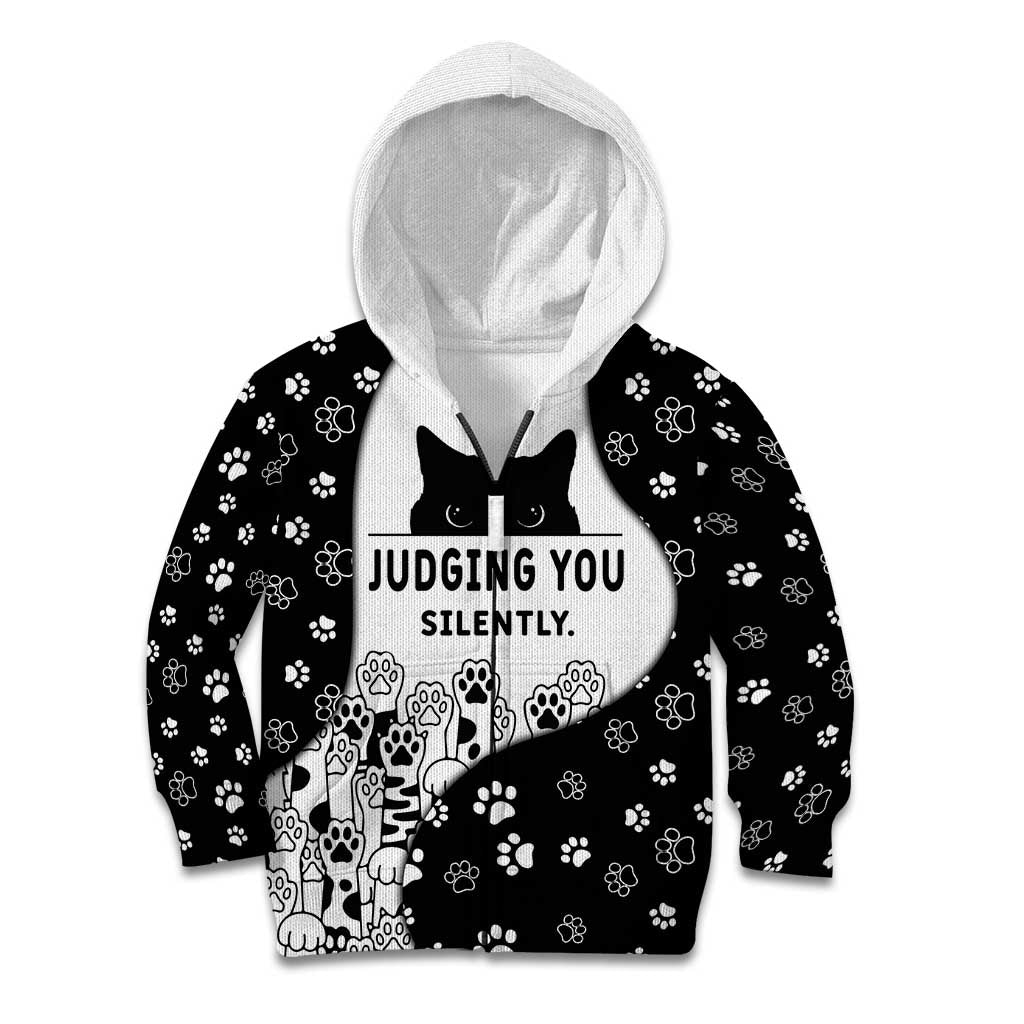 Judging You Silently Kid Hoodie Black Cat Playful Monochrome Paw Print
