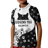 Judging You Silently Kid Polo Shirt Black Cat Playful Monochrome Paw Print