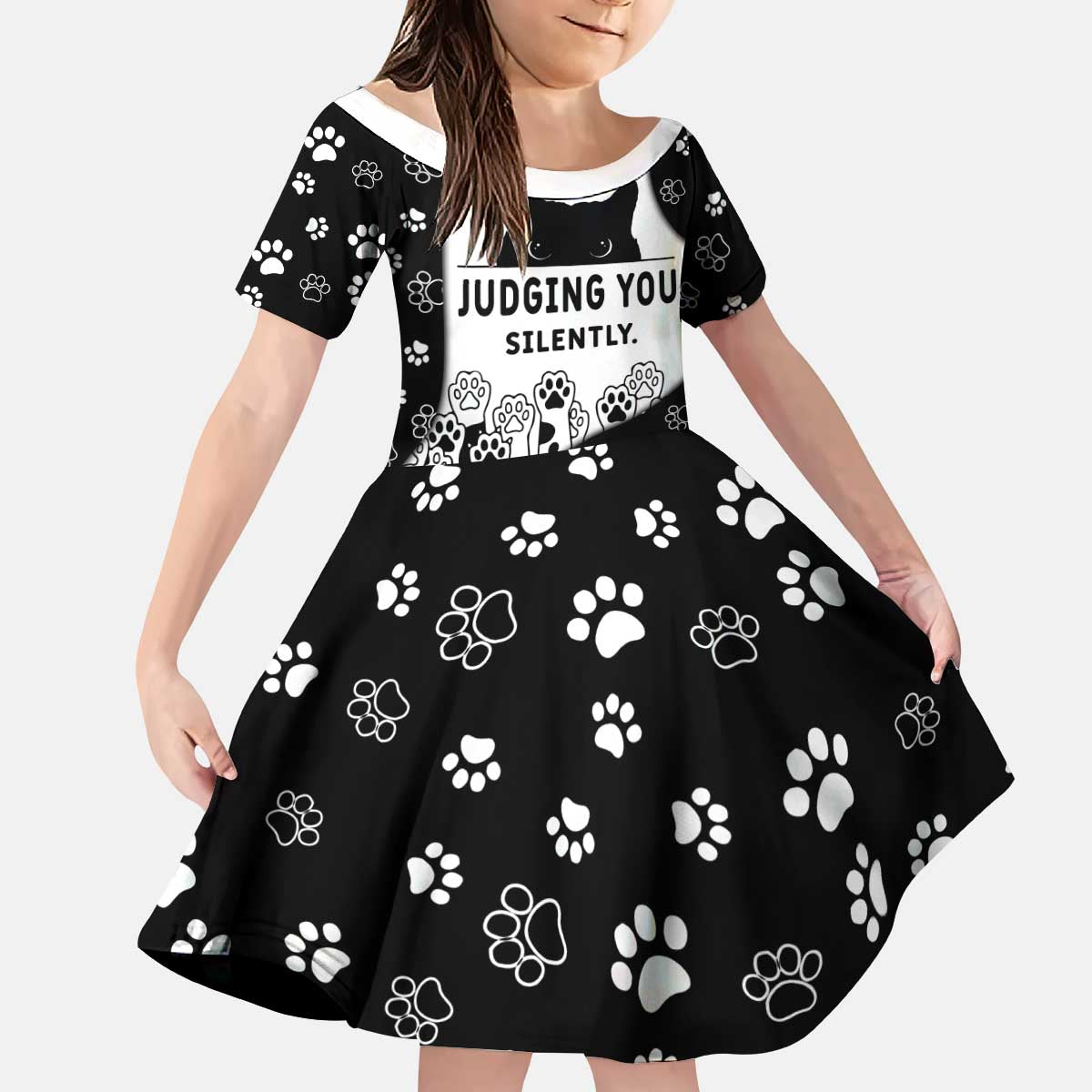 Judging You Silently Kid Short Sleeve Dress Black Cat Playful Monochrome Paw Print