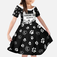 Judging You Silently Kid Short Sleeve Dress Black Cat Playful Monochrome Paw Print