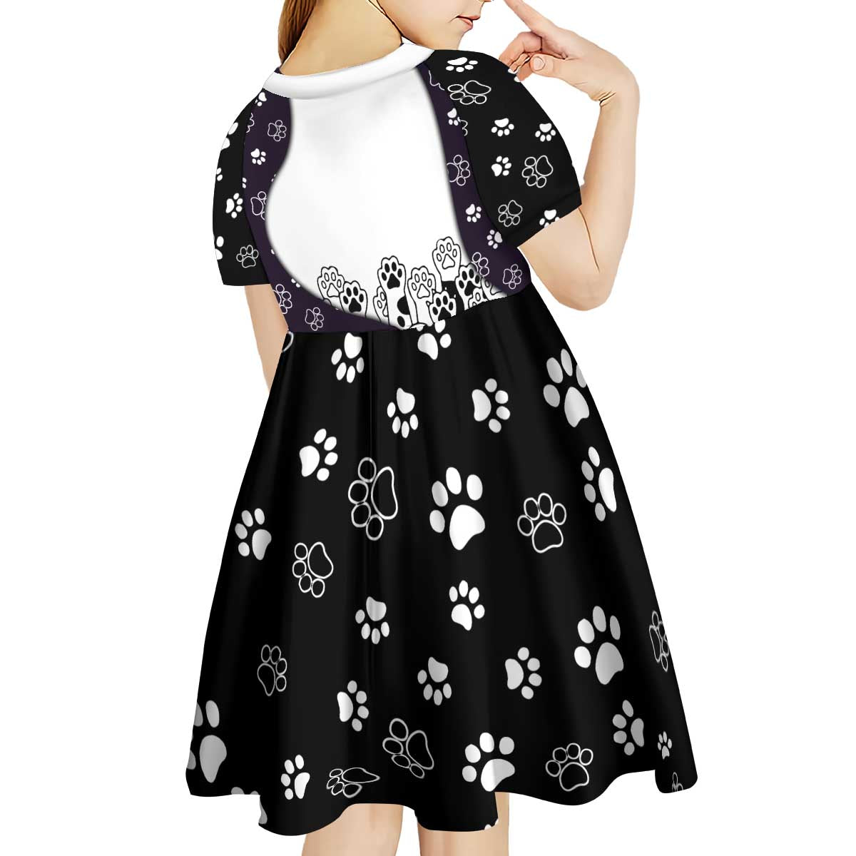 Judging You Silently Kid Short Sleeve Dress Black Cat Playful Monochrome Paw Print