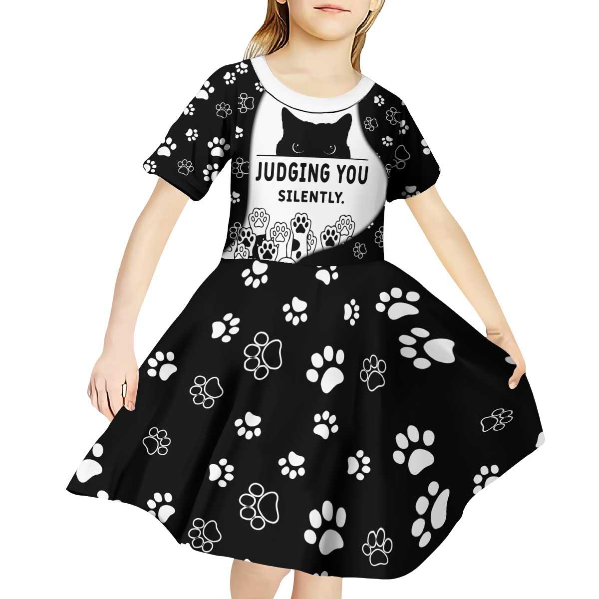 Judging You Silently Kid Short Sleeve Dress Black Cat Playful Monochrome Paw Print